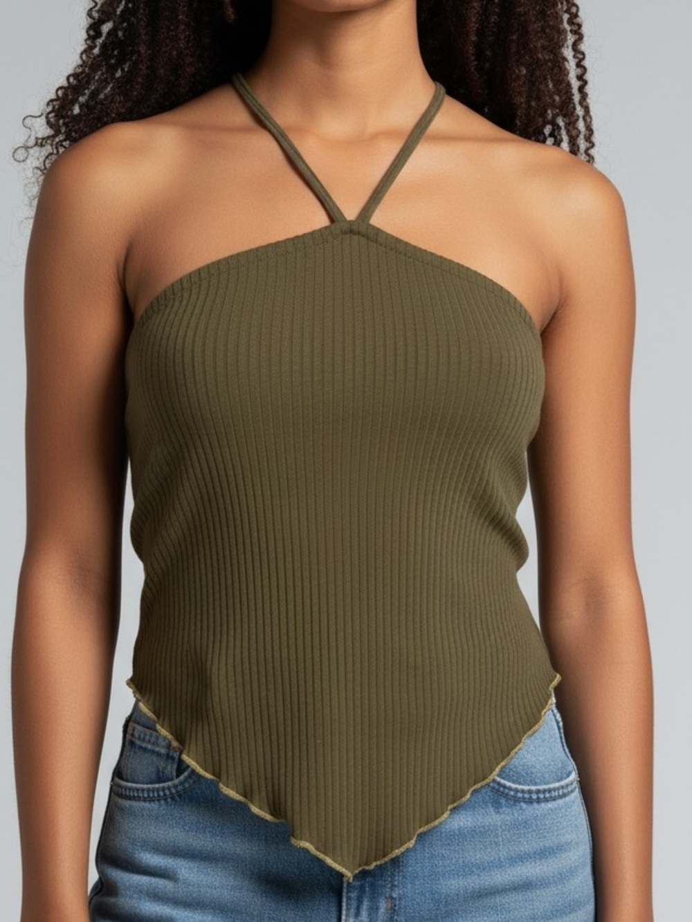 Handkerchief Top - Halter Crop Top Olive Green Ribbed XXL Wild Fable Grunge Y2K
